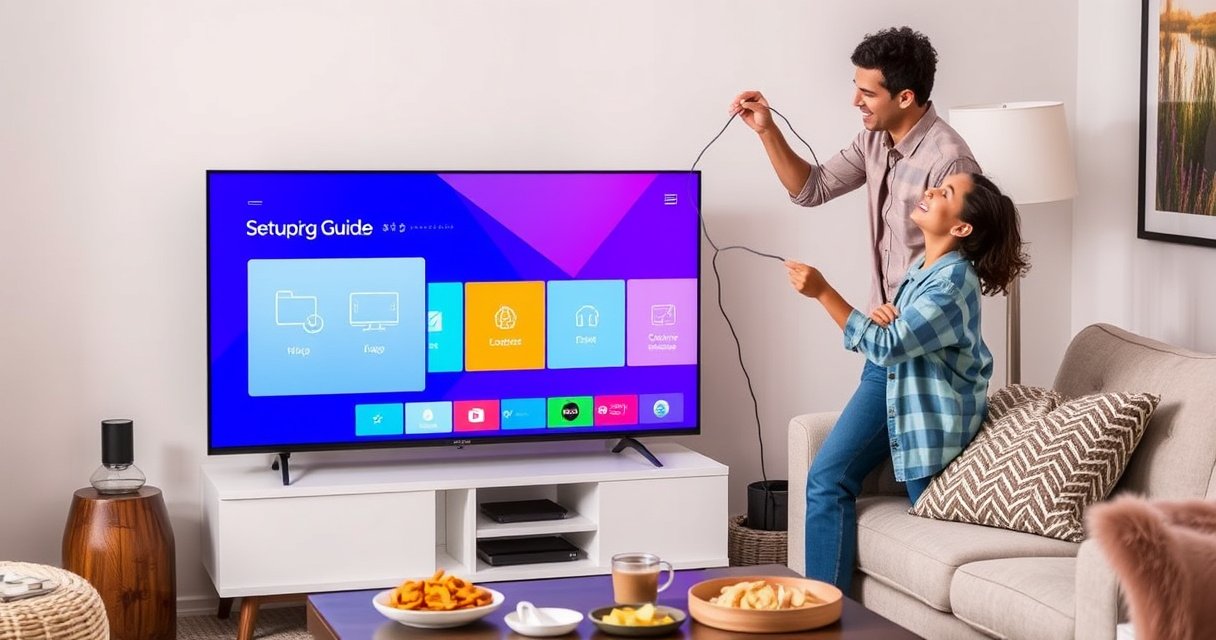 A cozy living room scene featuring a sleek smart TV displaying a colorful setup guide, with a person joyfully connecting a cable behind the TV. Surrounding them are modern decor elements, a plush sofa, and a coffee table with snacks, creating an inviting atmosphere that highlights the ease of technology integration in daily life.
