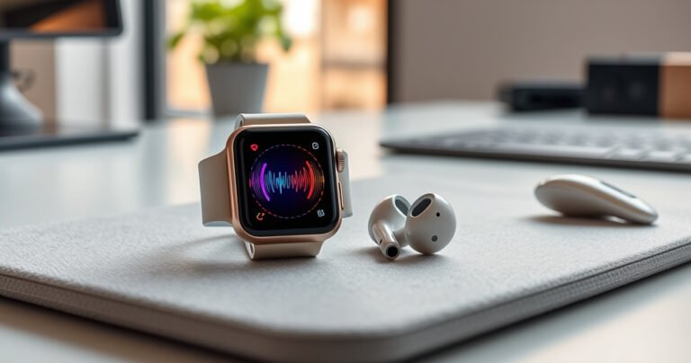 An elegant Apple Watch displaying a vibrant interface with colorful sound waves emanating from it, alongside sleek, stylish earbuds resting on a soft, textured surface. The background features a modern, minimalist desk with soft natural light filtering through a window, creating a serene and tech-savvy ambiance that invites exploration and connectivity.