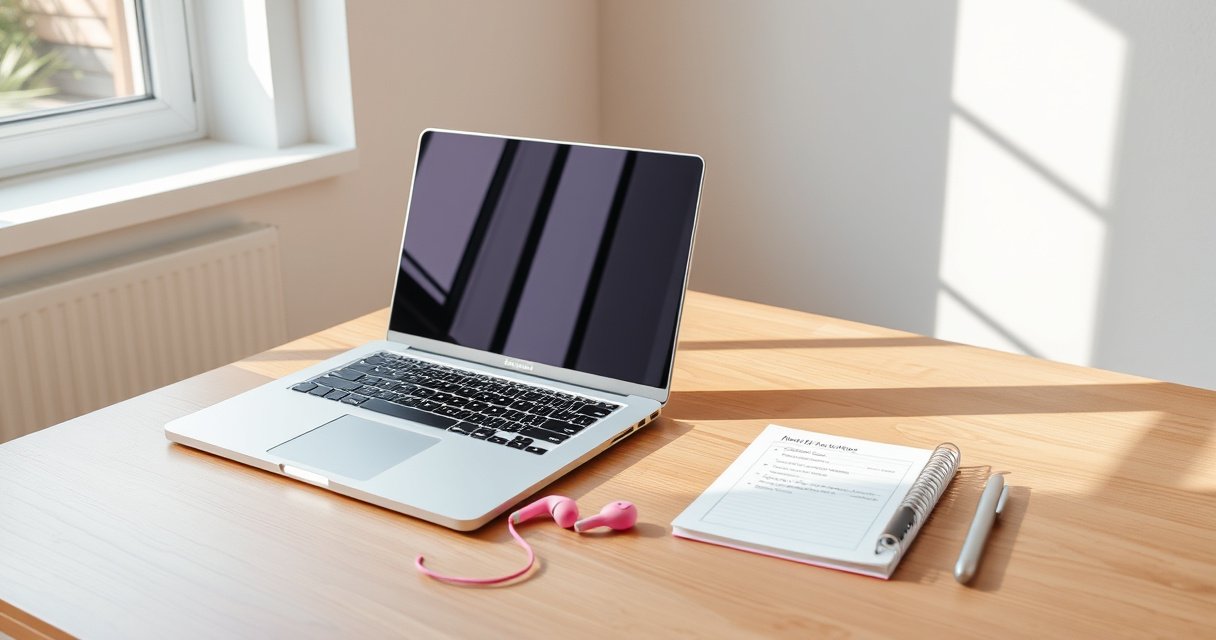 A minimalist workspace featuring a sleek MacBook on a wooden desk, with vibrant wireless earbuds resting beside it. Soft natural light filters through a nearby window, illuminating a notepad with step-by-step instructions. The atmosphere is calm and tech-savvy, emphasizing clarity and focus, perfect for a modern tech guide.