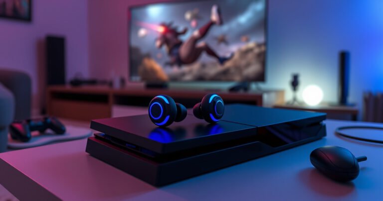 A sleek pair of wireless earbuds resting on a modern PlayStation 4 console, with vibrant blue and purple LED lights glowing. The background features a cozy gaming setup with a large screen displaying an action-packed game, inviting atmosphere with soft ambient lighting, and subtle hints of gaming accessories scattered around.