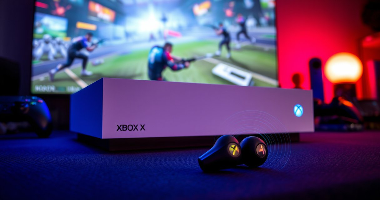 A sleek Xbox Series X console illuminated by a soft blue glow, surrounded by vibrant gaming paraphernalia. In the foreground, a pair of stylish wireless earbuds rest on a textured surface, with sound waves visually emanating from them. The background features a dynamic gaming scene on a large screen, showcasing an immersive multiplayer action moment.