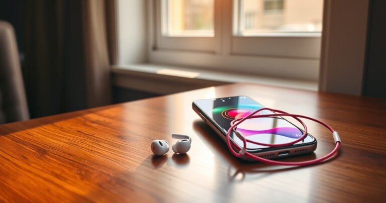 A sleek, modern iPhone 13 resting on a polished wooden table, vibrant earbuds elegantly coiled beside it. Soft morning light filters through a nearby window, casting gentle shadows and highlighting the phone's glossy screen displaying a Bluetooth connection animation, while colorful sound waves visually emanate from the earbuds, suggesting seamless connectivity.