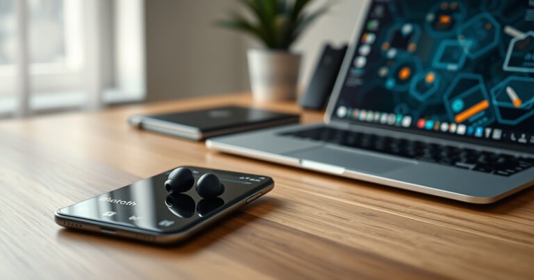 A sleek pair of Google earbuds resting on a modern wooden desk, surrounded by a smartphone displaying Bluetooth settings. Soft ambient light filters through a window, illuminating the earbuds. An open laptop with a tech-themed wallpaper completes the scene, conveying a sense of seamless connectivity and modern technology in a cozy workspace.