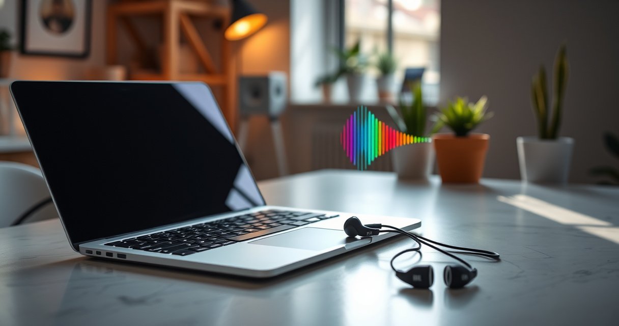 A sleek MacBook sits on a stylish desk, with vibrant JBL earbuds gracefully resting next to it. Soft light casts a warm glow, illuminating colorful sound waves emanating from the earbuds. In the background, a cozy workspace features potted plants and minimalistic decor, emphasizing a seamless blend of technology and comfort, inviting readers to connect effortlessly.