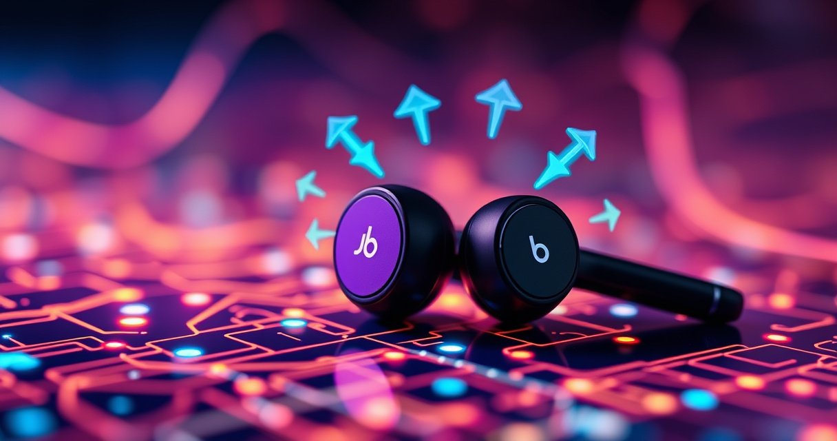 A close-up of sleek JLab Bluetooth earbuds resting on a vibrant, tech-inspired background, with glowing connection symbols and sound waves radiating from them. The scene is infused with a modern, energetic feel, featuring soft, ambient lighting and hints of futuristic technology to emphasize the seamless connectivity and music experience.