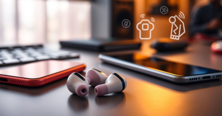 A close-up of vibrant Jabra earbuds resting on a sleek, modern desk beside a glowing smartphone, illustrating the pairing process. Soft, warm lighting enhances the elegant design of the earbuds, with subtle digital icons symbolizing connectivity floating around, while a blurred background hints at a cozy workspace filled with tech gadgets.