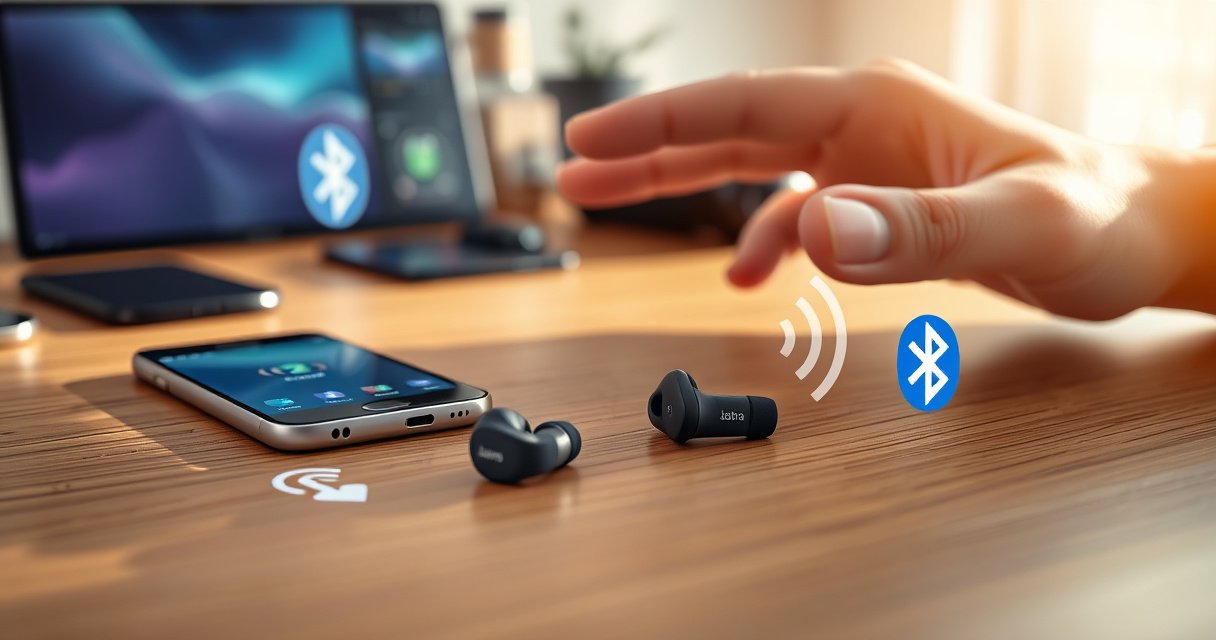 A sleek pair of Jabra earbuds resting on a wooden table, surrounded by vibrant smartphone icons and Bluetooth symbols, bathed in soft sunlight. Nearby, a hand gestures towards the earbuds, showcasing a seamless connection process, with a blurred background of tech gadgets, emphasizing modern connectivity and ease of use.