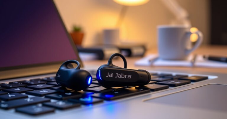 A close-up of sleek Jabra earbuds resting on a modern laptop keyboard, vibrant blue LED lights glowing softly. In the background, a cozy workspace with a warm glow from a desk lamp, scattered notes, and a steaming cup of coffee, creating an inviting atmosphere for tech enthusiasts eager to learn.