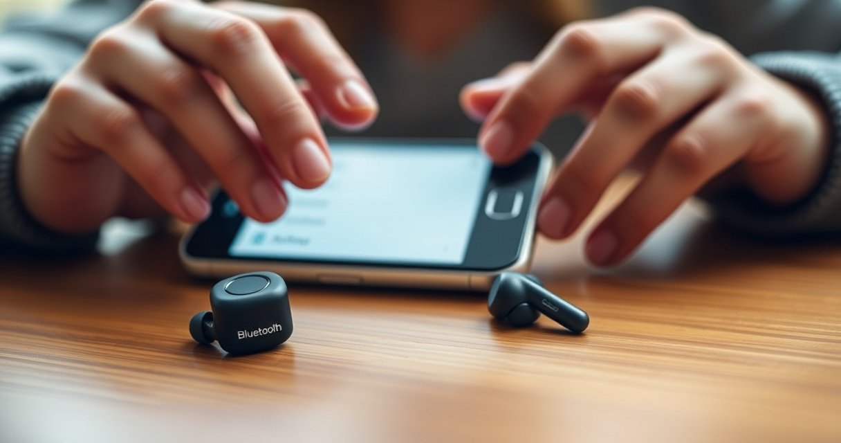 A close-up of sleek Jabra wireless earbuds resting on a wooden table, with a smartphone displaying a Bluetooth settings screen in the background. Soft, warm lighting enhances the modern design, while a pair of hands gently reaches for the earbuds, symbolizing connectivity and ease of use.
