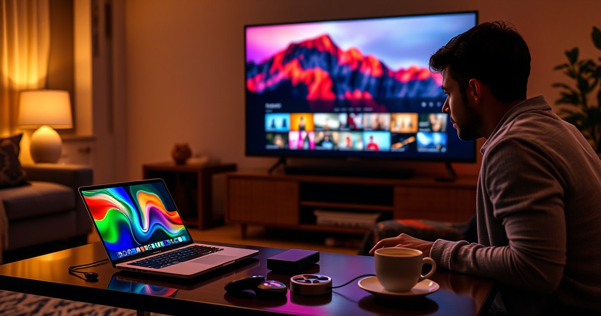 A sleek MacBook glowing with a vibrant screen, wirelessly projecting colorful visuals onto a large modern smart TV in a cozy living room setting. Warm ambient lighting enhances the inviting atmosphere, with a stylish coffee table adorned with tech gadgets and a steaming cup of coffee. A person, focused and engaged, interacts with both devices.