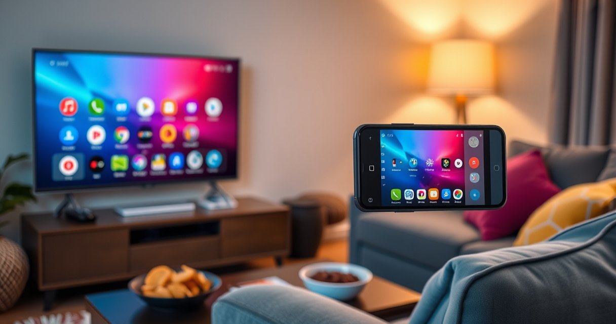 A cozy living room scene featuring a sleek smart TV displaying vibrant app icons, an Android phone seamlessly mirroring its screen, a comfy couch with colorful cushions, a coffee table with snacks, and soft warm lighting creating an inviting atmosphere, showcasing the harmony of technology and home entertainment.
