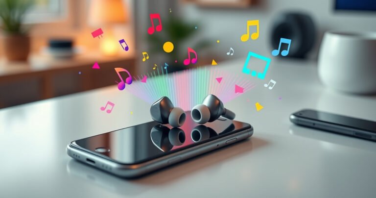 A sleek pair of JLab earbuds resting on a smartphone with colorful sound waves emanating from the screen, surrounded by vibrant music notes and playful tech icons, all set against a smooth, modern workspace with a soft-focus background of a cozy room.