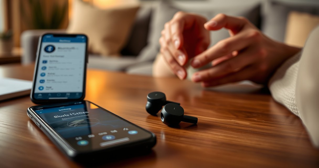 A close-up of a sleek pair of Jabra earbuds resting on a wooden table, surrounded by a smartphone displaying Bluetooth settings, a cozy living room ambiance with soft lighting, and a user’s hands delicately reaching for the earbuds, conveying a sense of technology and everyday life blending seamlessly.