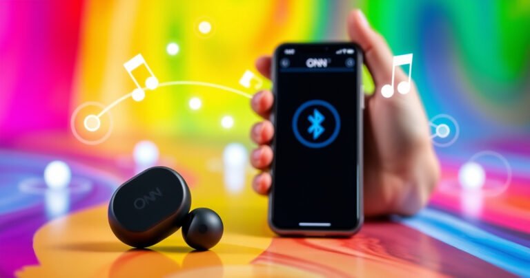 A close-up of sleek ONN wireless earbuds resting on a vibrant, colorful background, with glowing connection icons surrounding them. A pair of hands are seen effortlessly holding a smartphone showing a Bluetooth pairing screen, with musical notes subtly floating in the air, symbolizing seamless connectivity and modern technology.