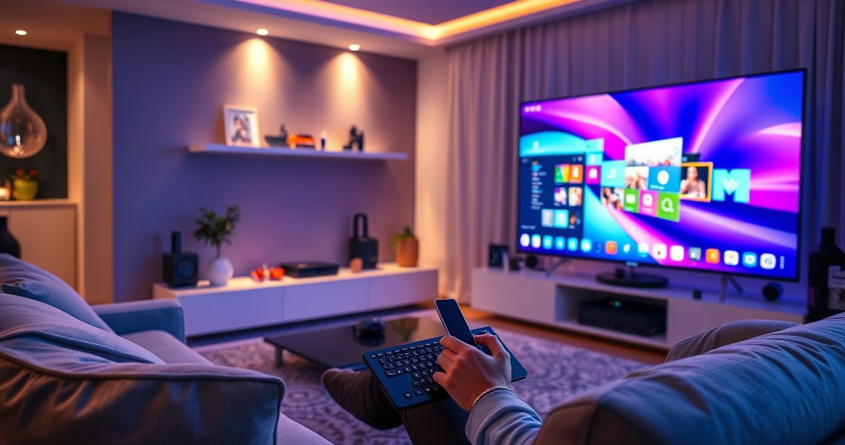 A sleek modern living room featuring a Samsung Smart TV displaying a colorful PC desktop, with a person sitting comfortably on a couch, a wireless keyboard in hand, surrounded by vibrant tech gadgets, warm ambient lighting, and a cozy atmosphere, emphasizing the seamless connection between devices in a stylish home setting.