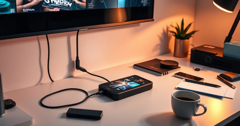 A sleek modern workspace featuring a smartphone seamlessly connected to a projector with a glowing USB cable, casting vibrant images on a blank wall. Surrounding the setup are scattered tech gadgets, notes, and a cup of coffee, all bathed in warm lighting that creates an inviting atmosphere for a productive tech session.