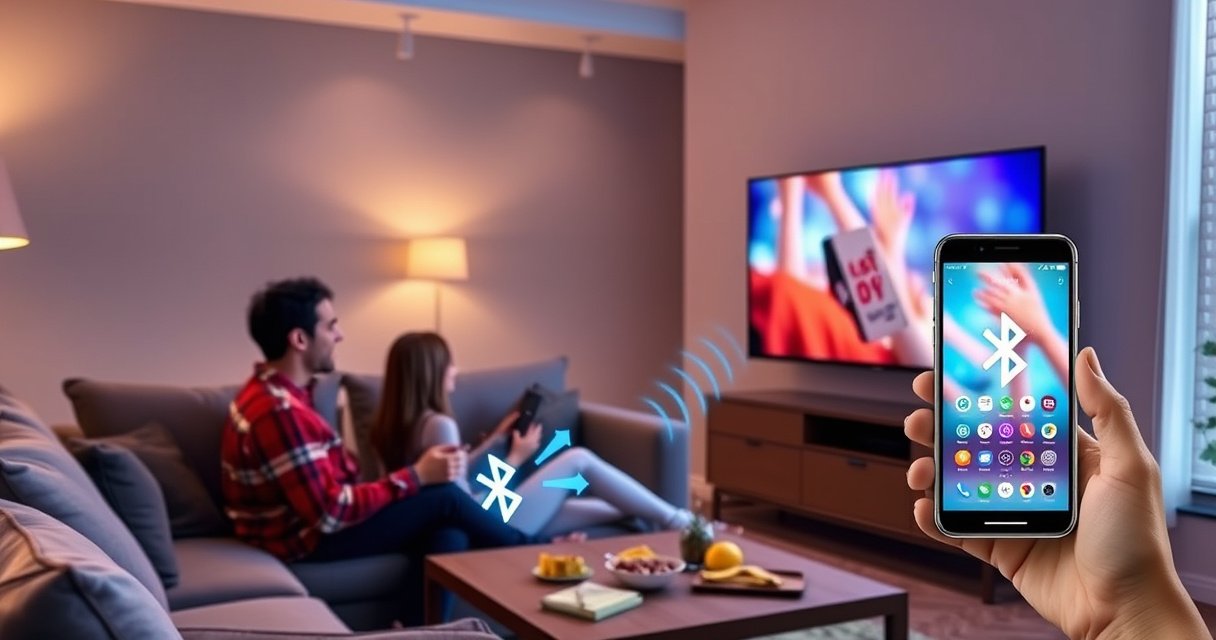 A cozy living room scene with a sleek smart TV displaying a vibrant phone screen mirroring an app. A couple sits on a plush sofa, surrounded by soft lighting, snacks on the coffee table, and a Bluetooth connection symbol glowing between the phone and TV, showcasing the joy of seamless connectivity.