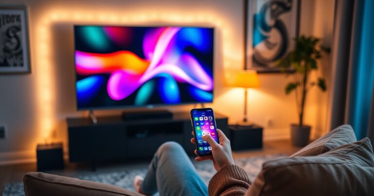 A cozy living room scene featuring a sleek smart TV displaying a vibrant phone screen mirrored on it. A person sits comfortably on a plush sofa, holding a smartphone with colorful icons, surrounded by warm lighting and stylish decor, showcasing a modern tech-savvy lifestyle with a hint of excitement in the air.
