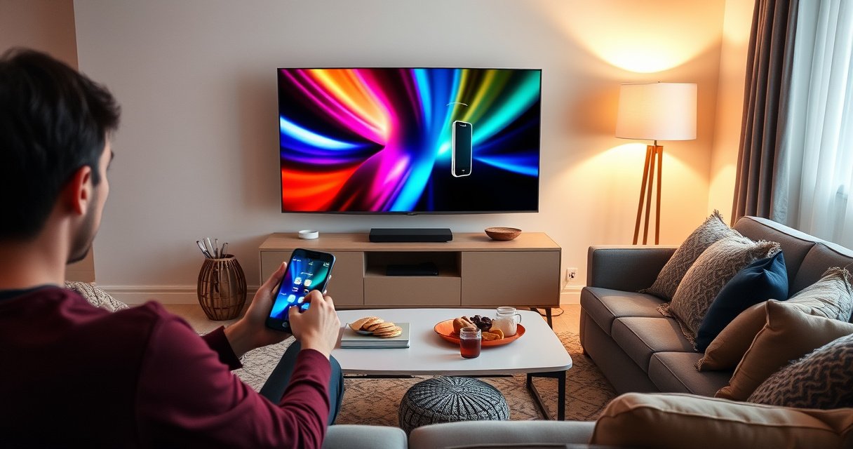 A cozy living room scene with a modern smart TV displaying a vibrant phone screen mirroring interface. A person casually sits on the couch, smartphone in hand, surrounded by soft cushions and a warm glow from a floor lamp. A sleek coffee table holds snacks and drinks, inviting viewers to explore tech-savvy entertainment.