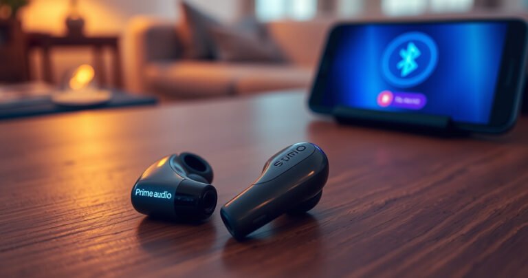 A close-up of sleek Prime Audio earbuds resting on a wooden table, with warm ambient lighting highlighting their glossy finish. A smartphone with a vibrant screen displaying a Bluetooth connection screen sits nearby, surrounded by soft, blurred hints of a cozy living space, evoking a sense of modern technology and effortless connectivity.