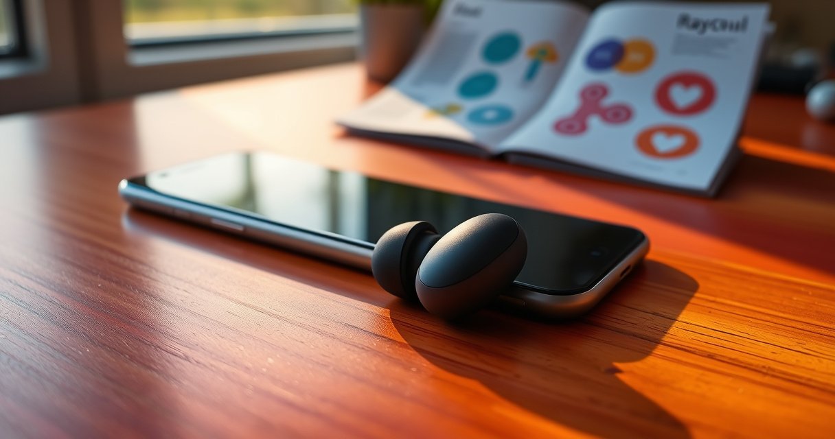 A close-up of sleek Raycon earbuds resting on a vibrant, modern wooden desk beside a glowing iPhone, with soft morning light streaming through a window, highlighting the earbuds' smooth contours. An open user manual with colorful diagrams is slightly blurred in the background, symbolizing connectivity and tech-savvy simplicity.