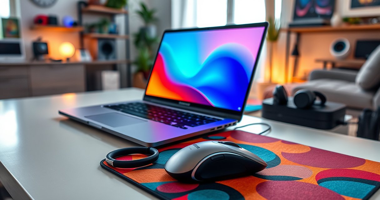 A sleek modern laptop sits on a stylish desk, glowing softly with a vibrant screen display. Beside it, a pair of Samsung Earbuds Pro 2 rests elegantly on a colorful, abstract-patterned mouse pad. The background is a cozy, well-lit room filled with tech gadgets and creative decor, inviting a sense of innovation and connectivity.