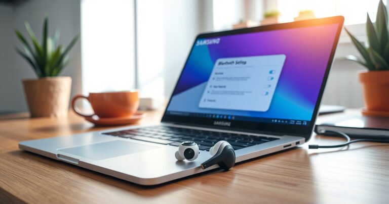 A sleek, modern workspace featuring a silver laptop with a vibrant screen displaying Bluetooth settings. Beside it, a pair of stylish Samsung earbuds rests on a wooden desk, surrounded by cozy accessories like a warm coffee cup and a potted plant, all bathed in soft, natural light streaming through a nearby window.
