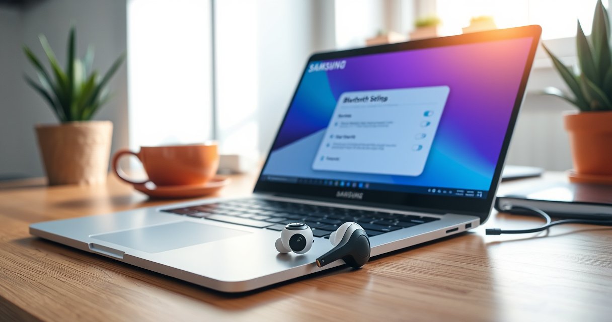 A sleek, modern workspace featuring a silver laptop with a vibrant screen displaying Bluetooth settings. Beside it, a pair of stylish Samsung earbuds rests on a wooden desk, surrounded by cozy accessories like a warm coffee cup and a potted plant, all bathed in soft, natural light streaming through a nearby window.