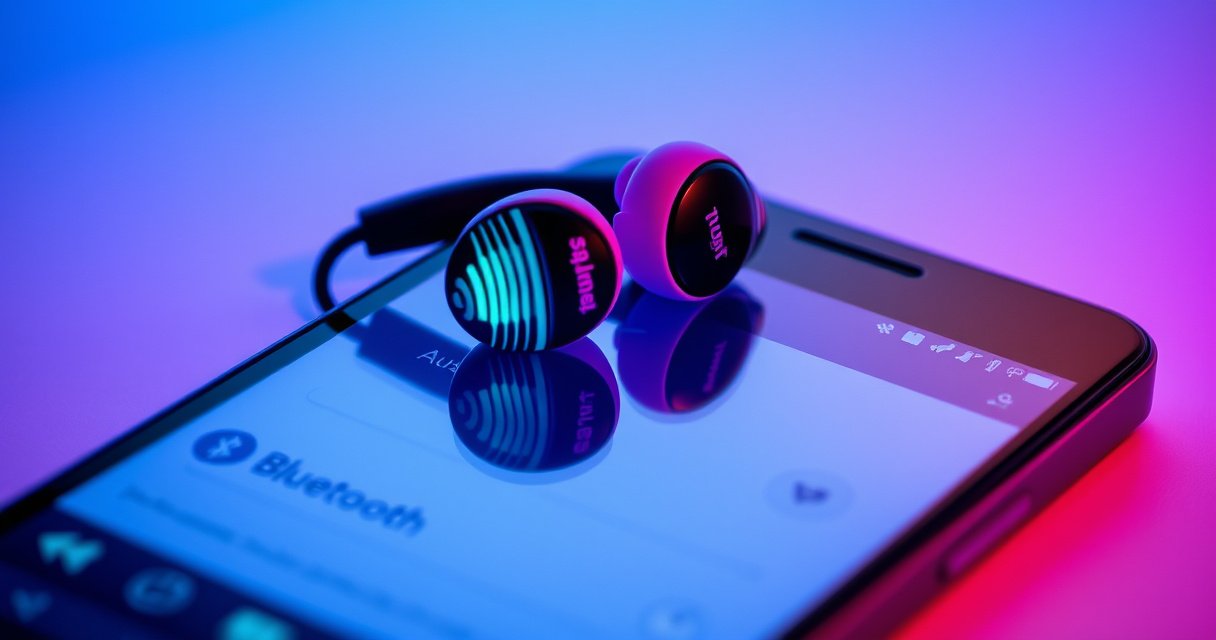 A close-up of vibrant Skullcandy earbuds resting on a sleek, modern Android phone screen displaying Bluetooth settings, with colorful sound waves visually emanating from the earbuds. The background features a soft gradient of electric blue and purple, giving a tech-savvy and energetic vibe, highlighting the seamless connection between music and technology.
