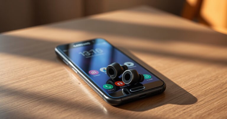 A sleek pair of Skullcandy wireless earbuds resting on a modern wooden table, surrounded by a stylish Samsung smartphone displaying vibrant music app icons, soft ambient light casting gentle shadows, a subtle hint of sound waves emanating from the earbuds, conveying a seamless connection and an immersive audio experience in a contemporary lifestyle setting.