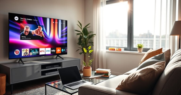 A cozy living room with a modern smart TV displaying a vibrant streaming interface, surrounded by a stylish couch and decorative cushions. A small coffee table holds a laptop and a smartphone, symbolizing wireless connectivity. Sunlight streams through a large window, illuminating a potted plant and a few colorful books, creating an inviting tech-savvy atmosphere.