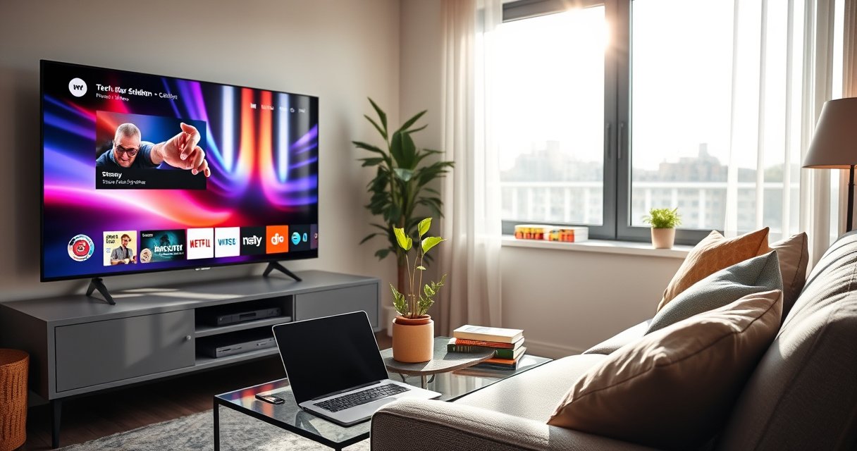 A cozy living room with a modern smart TV displaying a vibrant streaming interface, surrounded by a stylish couch and decorative cushions. A small coffee table holds a laptop and a smartphone, symbolizing wireless connectivity. Sunlight streams through a large window, illuminating a potted plant and a few colorful books, creating an inviting tech-savvy atmosphere.
