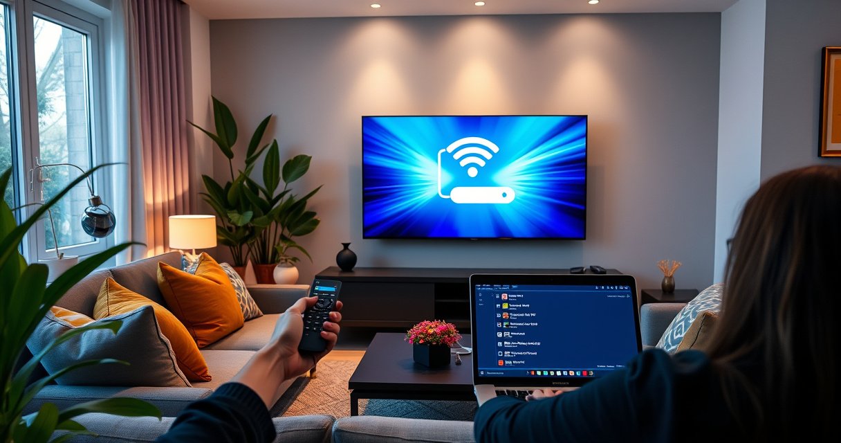 A sleek modern living room featuring a large smart TV displaying a vibrant WiFi connection setup screen. Lush green houseplants in the corners, soft ambient lighting, and a cozy couch adorned with colorful cushions, while a person holds a remote, focused on the TV with a laptop on the coffee table showing a WiFi network list.