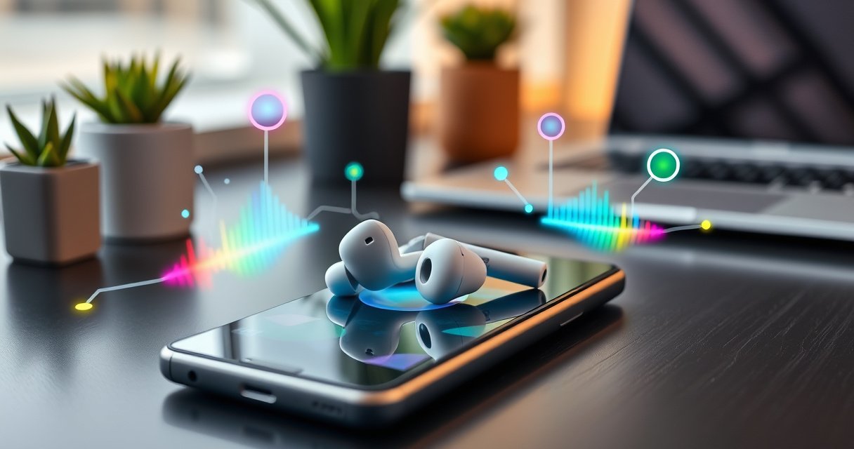 A sleek pair of Sony earbuds resting on a vibrant Android smartphone, surrounded by glowing connection symbols and colorful sound waves. The background features a modern tech workspace with soft lighting, plants, and a stylish laptop, capturing a sense of seamless technology integration.