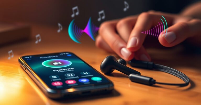 A close-up of sleek Soundcore earbuds resting on a wooden table, surrounded by vibrant sound waves illustrated in the air. A smartphone displays a colorful connection interface, with fingers gently tapping the screen. Warm, inviting lighting highlights the earbuds’ design, creating an engaging atmosphere of connectivity and technology.