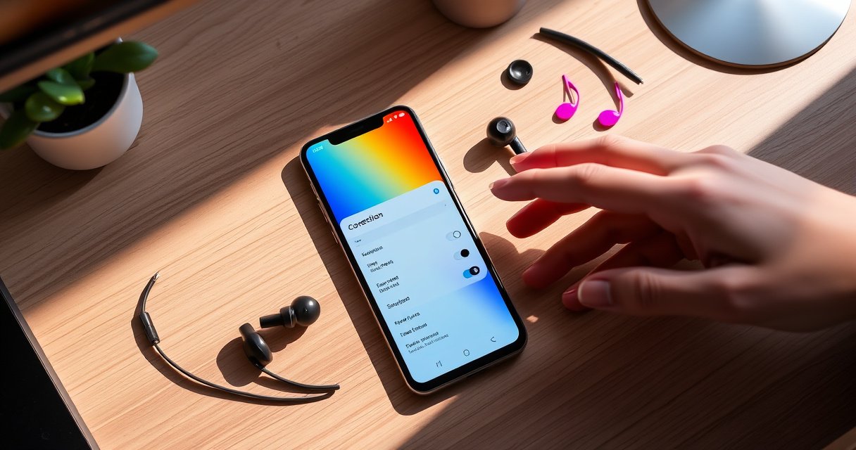 A vibrant flat lay of sleek TWS earbuds next to an Android smartphone displaying connection settings, surrounded by colorful sound waves and musical notes. A pair of hands elegantly gestures towards the screen, while a cozy, modern workspace with soft lighting enhances the tech-savvy atmosphere.