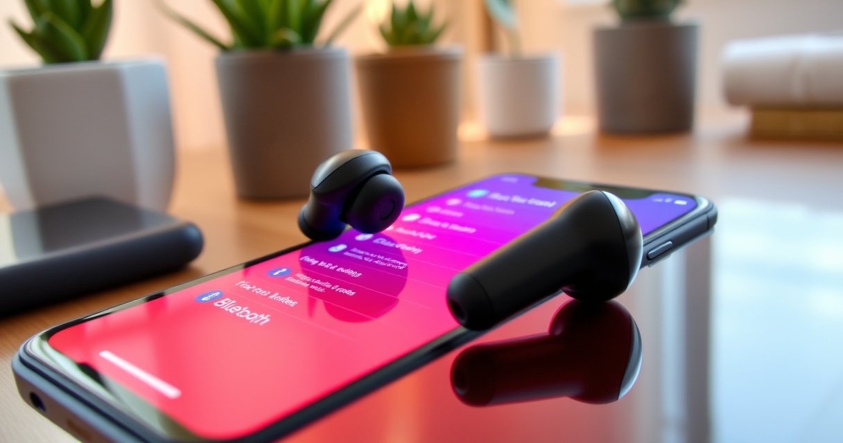 A close-up of sleek, modern true wireless earbuds resting on a vibrant smartphone screen, displaying Bluetooth settings. The background features a cozy, stylish workspace with plants and soft lighting, emphasizing technology integration and lifestyle. Subtle sound waves emanate from the earbuds, illustrating seamless connectivity and modern convenience.