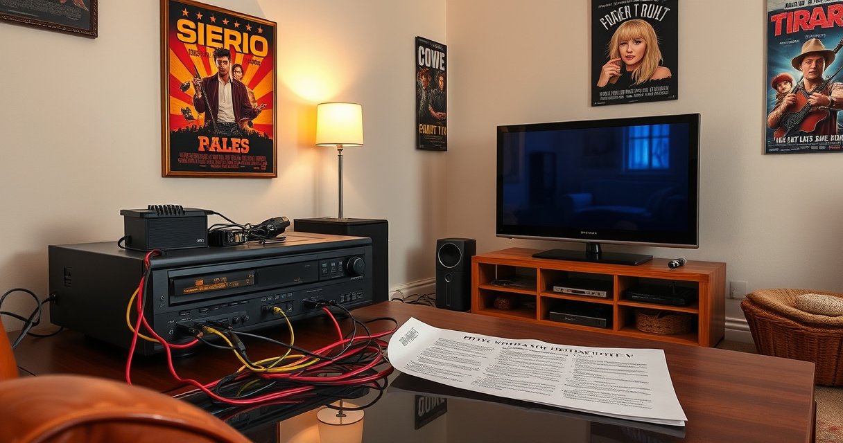A cozy living room scene featuring a vintage VCR and a sleek smart TV side by side, with colorful cables intertwining between them. Soft lighting casts warm shadows, while a DIY instruction sheet lies on a coffee table. Retro movie posters adorn the walls, evoking nostalgia and modernity in perfect harmony.