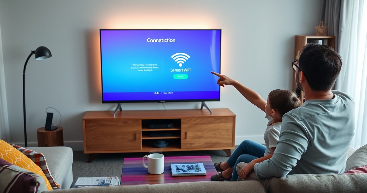 A cozy living room scene featuring a sleek LG Smart TV displaying a vibrant WiFi connection setup screen. Soft, ambient lighting highlights a comfortable couch with colorful cushions, a coffee table with a steaming mug, and a side bookshelf filled with tech gadgets. An excited family member points at the TV, illustrating the connection process.