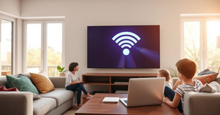 A cozy living room scene with a sleek Samsung Smart TV displaying a vibrant WiFi connection screen. Soft sunlight filters through large windows, casting warm tones on a comfortable couch adorned with colorful pillows. A family eagerly gathers around, with a laptop open on the coffee table, illustrating a seamless tech connection moment.