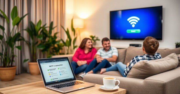 A cozy living room with a modern smart TV displaying a WiFi connection screen, a family sitting together on a plush couch, a laptop open with setup instructions, vibrant plants in the background, warm lighting creating a welcoming atmosphere, and a cup of coffee on a side table, symbolizing comfort and technology blending seamlessly.