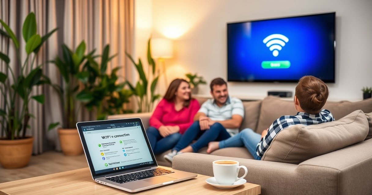 A cozy living room with a modern smart TV displaying a WiFi connection screen, a family sitting together on a plush couch, a laptop open with setup instructions, vibrant plants in the background, warm lighting creating a welcoming atmosphere, and a cup of coffee on a side table, symbolizing comfort and technology blending seamlessly.