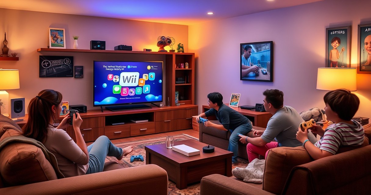 A cozy living room featuring a vibrant smart TV showcasing a colorful Wii interface, surrounded by an inviting couch with playful gaming accessories scattered around. Warm ambient lighting highlights the excitement of family members joyfully connecting their Wii console, with retro game controllers and nostalgic gaming memorabilia creating a lively, engaging atmosphere.
