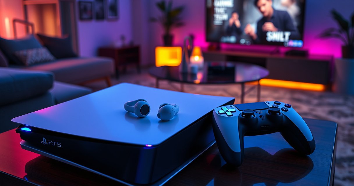 A sleek pair of wireless earbuds resting on a modern PS5 console, vibrant light emanating from the console's sleek design. Nearby, an illuminated gaming controller sits on a stylish coffee table, with a cozy gaming setup in the background featuring a large screen displaying a gaming interface, all surrounded by a dynamic neon ambiance.