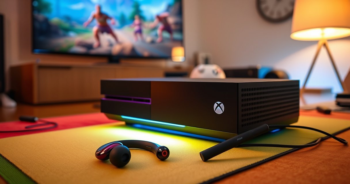 A cozy gaming setup featuring a sleek Xbox One console with vibrant LED lights, surrounded by a pair of stylish wireless earbuds resting on a colorful gaming mat, a large TV displaying an engaging game scene in the background, and a warm, inviting glow from a desk lamp, capturing the essence of modern gaming connectivity.