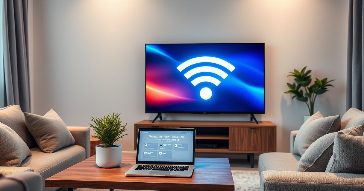 A cozy living room with a sleek smart TV displaying a vibrant wireless connection symbol, surrounded by a minimalistic coffee table and plush sofa. Soft lighting enhances the inviting atmosphere, while a laptop on the table shows step-by-step instructions. A potted plant adds a touch of greenery, embodying modern technology seamlessly integrated into daily life.