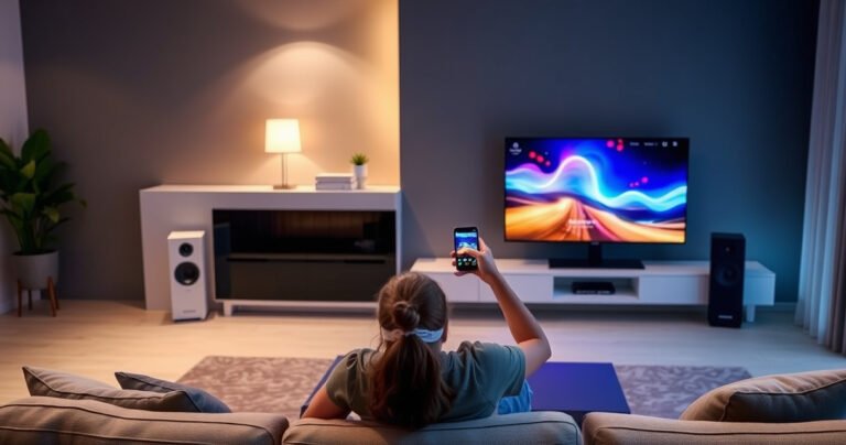 A sleek living room featuring a modern Samsung Smart TV displaying vibrant visuals, surrounded by stylish wireless speakers in elegant designs. Soft ambient lighting illuminates the space, showcasing a cozy couch and minimalist decor. A person joyfully connects their smartphone to the speakers, creating an inviting atmosphere for entertainment and relaxation.
