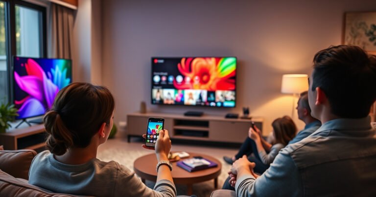 A sleek living room with a vibrant, modern smart TV displaying a colorful Android interface. A person joyfully taps their Android phone, casting vivid images onto the screen. Soft ambient lighting highlights cozy furniture, while a family gathers, fascinated by the seamless connection. The scene radiates warmth, technology, and togetherness, inviting readers to explore the article.