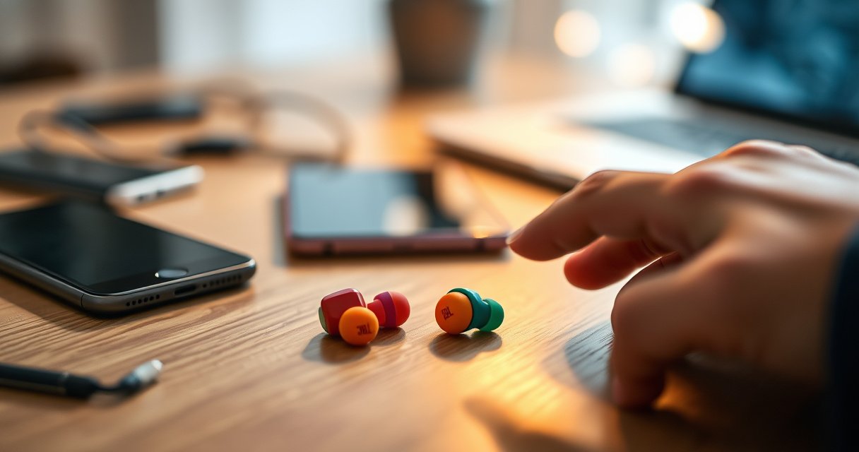 A close-up view of colorful JBL earbuds resting on a wooden surface, surrounded by scattered tech gadgets like a smartphone and laptop. Soft, ambient lighting highlights the earbuds, while a hand reaches towards them, ready to connect. A gentle bokeh effect in the background adds a modern, tech-savvy vibe, evoking a sense of connection and innovation.
