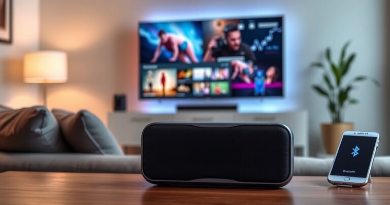 A modern living room featuring a sleek Samsung Smart TV displaying vibrant visuals, a stylish Bluetooth speaker in the foreground, with waves of sound visually emanating from it. Soft ambient lighting creates a cozy atmosphere, and a plush sofa invites relaxation, while a smartphone nearby shows a Bluetooth connection screen, symbolizing seamless technology integration.
